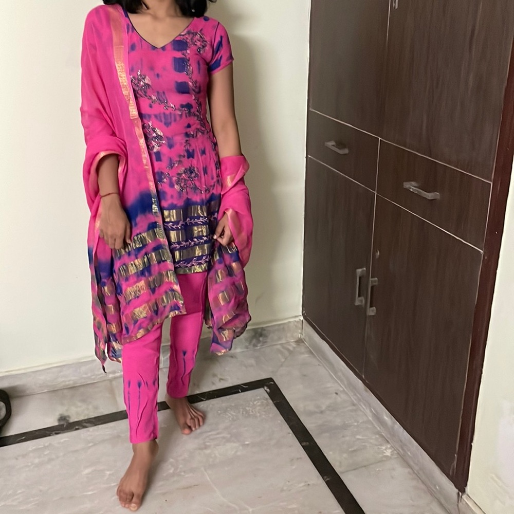 Pink and Blue churidaar kurta set with dupatta